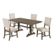 5pc Brown Oak Wood Dining Set with 4 Beige Linen Upholstered Chairs