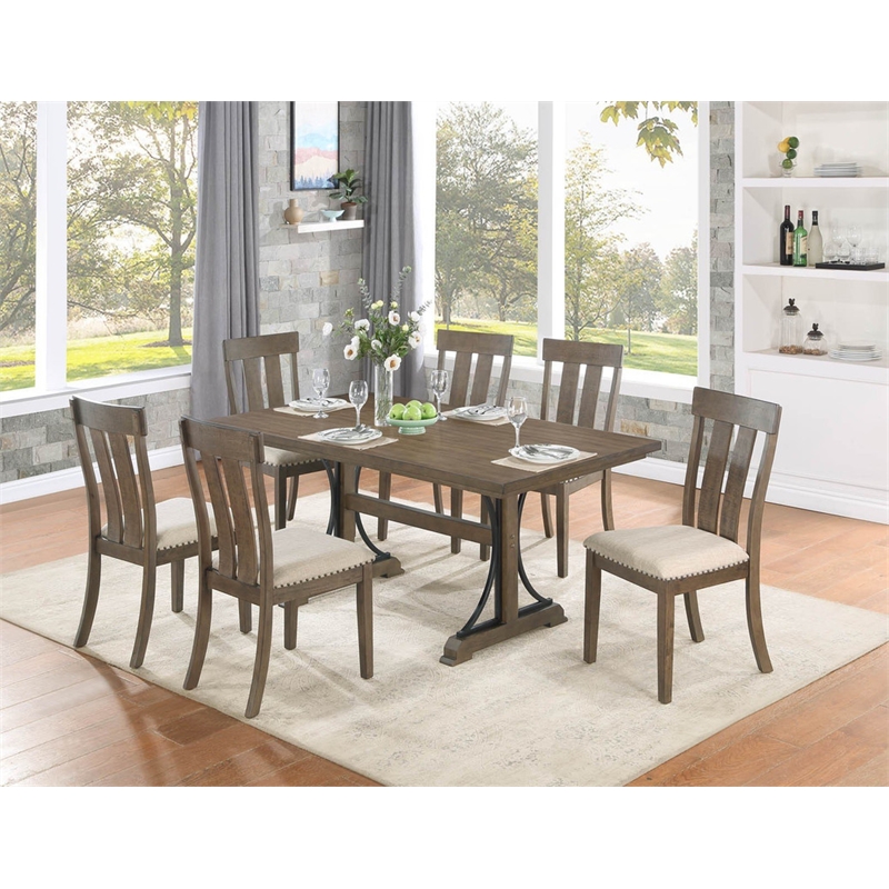 7pc Brown Oak Wood Dining Set with 6 Beige Linen Upholstered Chairs