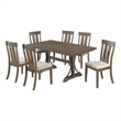 7pc Brown Oak Wood Dining Set with 6 Beige Linen Upholstered Chairs