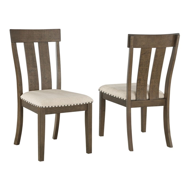 5pc Brown Oak Wood Dining Set with 4 Beige Linen Upholstered Chairs