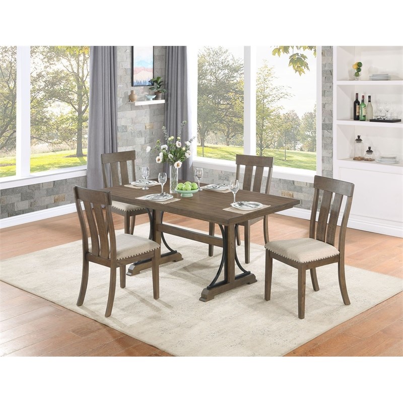 5pc Brown Oak Wood Dining Set with 4 Beige Linen Upholstered Chairs