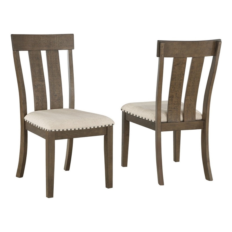 Set of 2 Beige Linen Upholstered Dining Chairs with Brown Oak Wood Frame