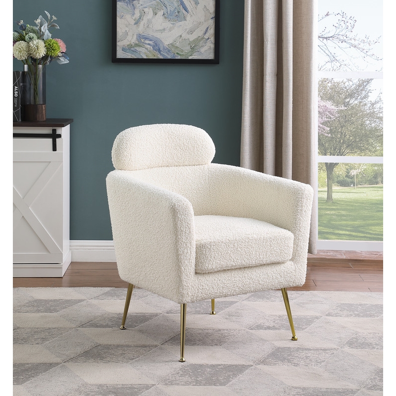 White Faux Fur Fabric Accent Leisure Chair with Pillow Rest and Gold Chrome Legs