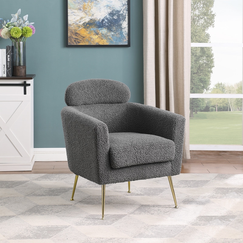 Gray Faux Fur Fabric Accent Leisure Chair with Pillow Rest and Gold Chrome Legs