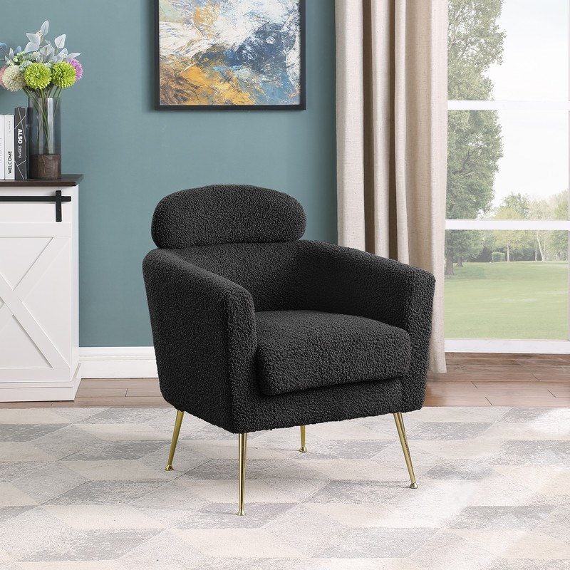 Black Faux Fur Fabric Accent Leisure Chair with Pillow Rest and Gold Chrome Legs