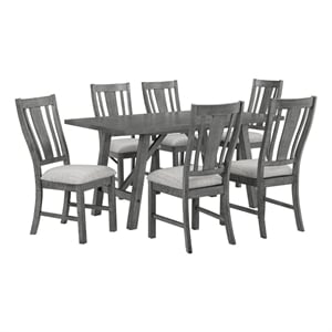 Rustic Gray Wood 7 piece Dining Set with Gray Linen Upholstered Chairs