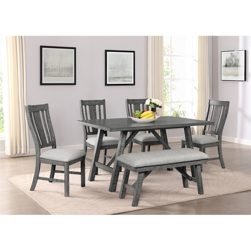 Rustic Gray Wood 6pc Dining Set with Gray Linen Upholstered Chairs and Bench