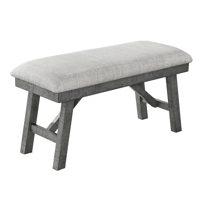 Rustic Gray Wood 6pc Dining Set with Gray Linen Upholstered Chairs and Bench