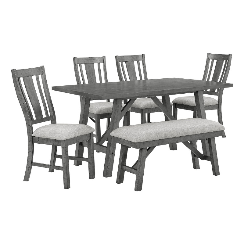 Rustic Gray Wood 6pc Dining Set with Gray Linen Upholstered Chairs and Bench