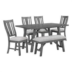Rustic Gray Wood 6pc Dining Set with Gray Linen Upholstered Chairs and Bench