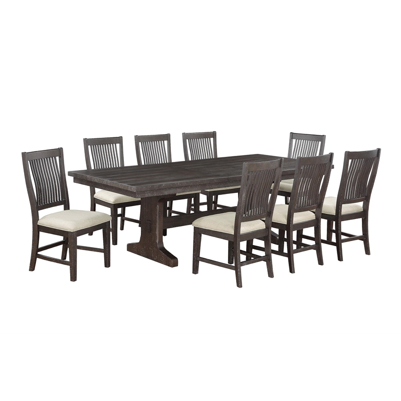 Best Quality Rustic Brown Wood 9pc Dining Set with Beige Chairs