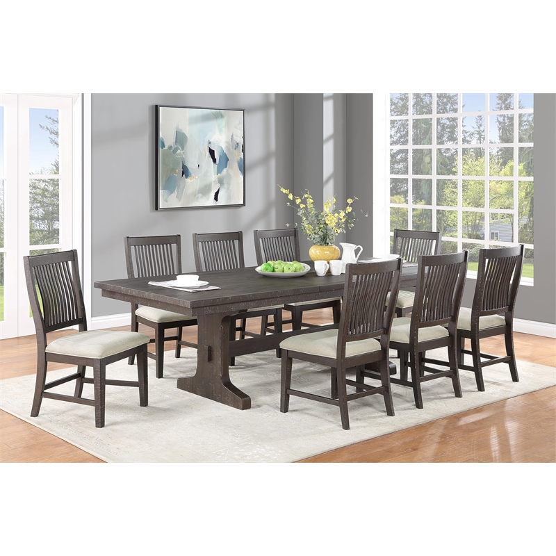 Best Quality Rustic Brown Wood 9pc Dining Set with Beige Chairs