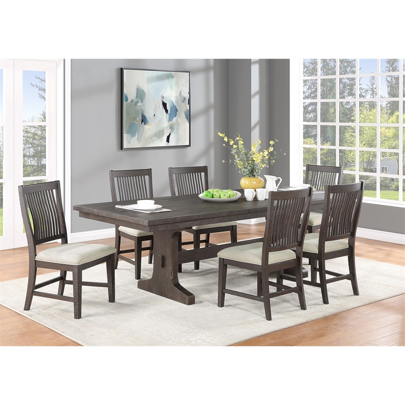 Best Quality Rustic Brown Wood 7pc Dining Set with Beige Chairs
