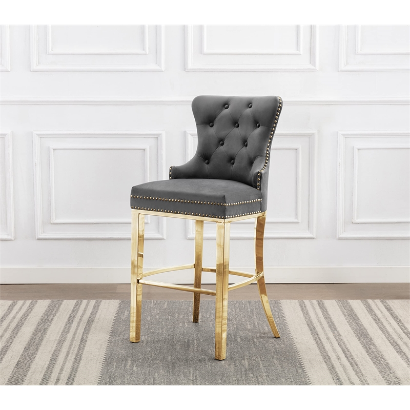Best Quality Set of 2 Bar Stools Dark Gray Velvet w Gold Stainless Steel