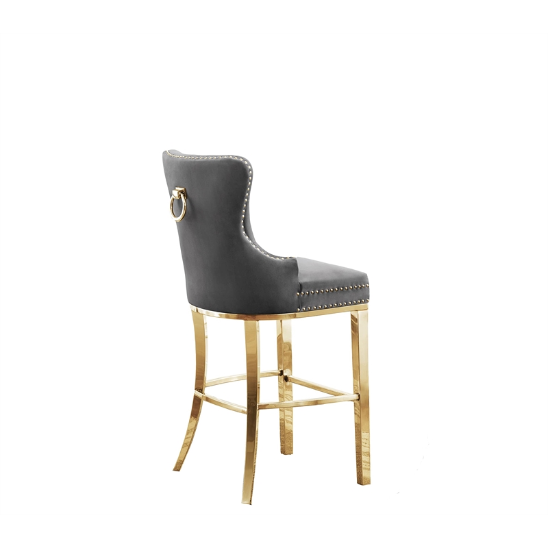Best Quality Set of 2 Bar Stools Dark Gray Velvet w Gold Stainless Steel
