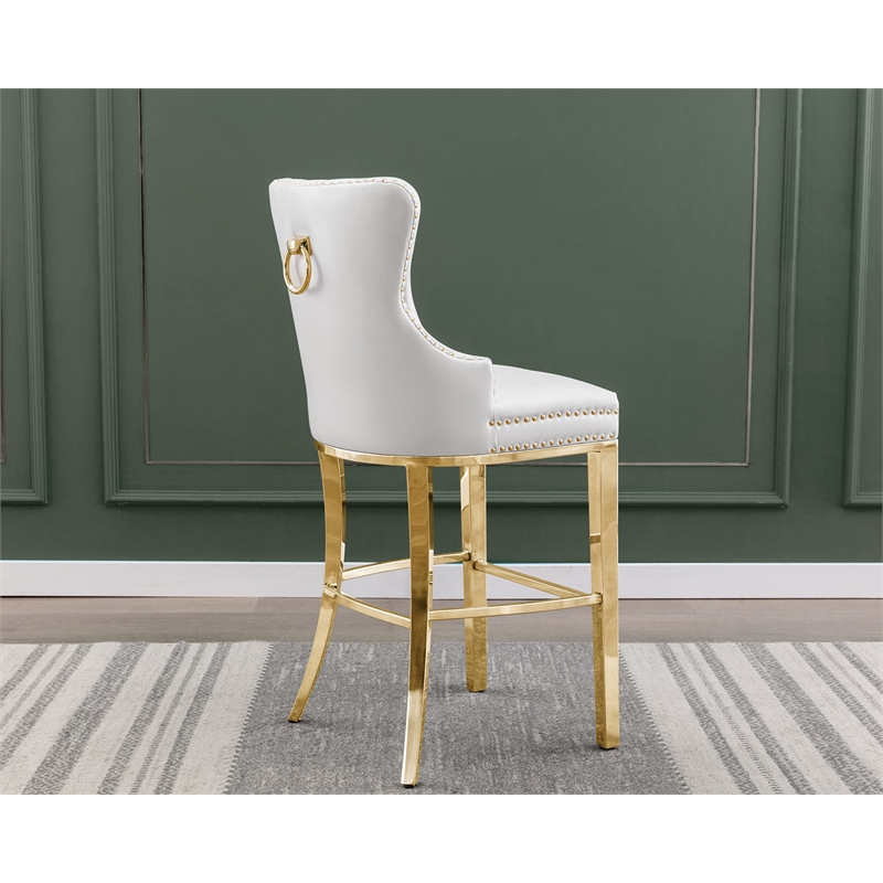 Best Quality Set of 2 Bar Stools White Faux Leather w Gold Stainless Steel