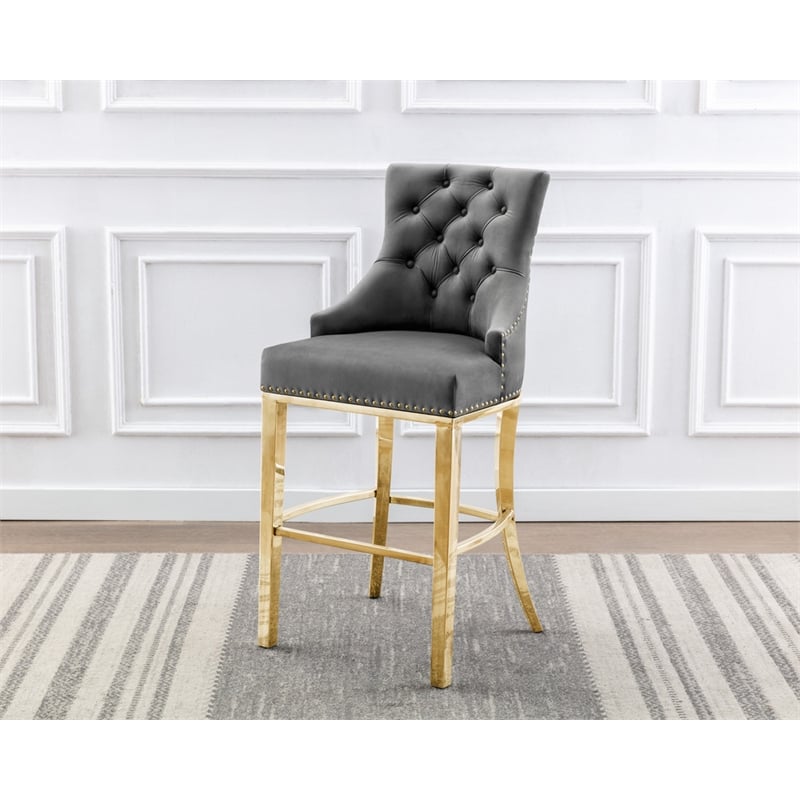 Best Quality Set of 2 Bar Stools Dark Gray Velvet w Gold Stainless Steel