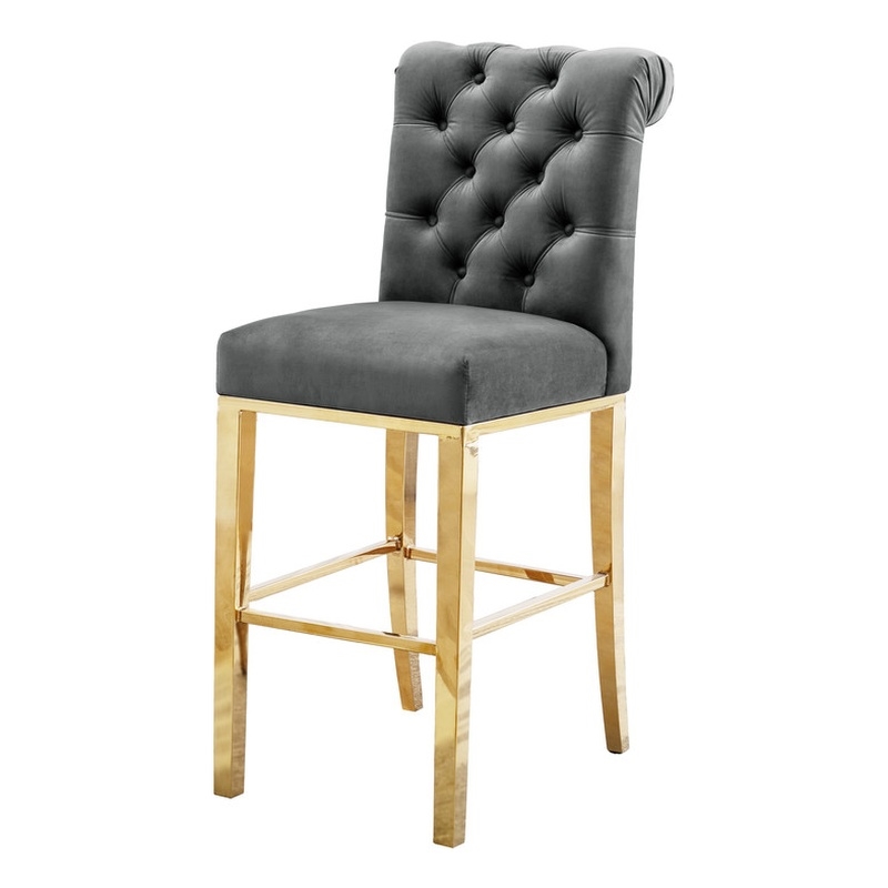 Best Quality Set of 2 Bar Stools Dark Gray Velvet w Gold Stainless Steel