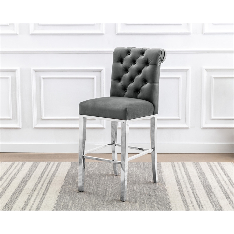 Best Quality Furniture Set of 2 Bar Stools Dark Gray Velvet w Stainless Steel