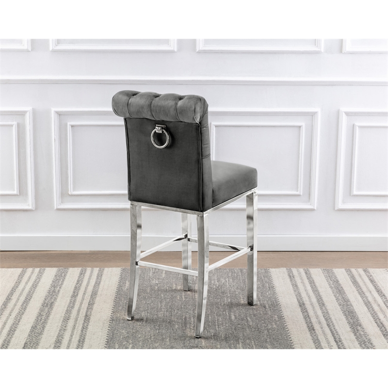 Best Quality Furniture Set of 2 Bar Stools Dark Gray Velvet w Stainless Steel