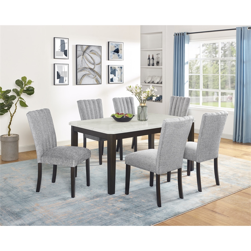 Best Quality Furniture 7-Piece Faux Marble & Fabric Dining Set in White/Gray
