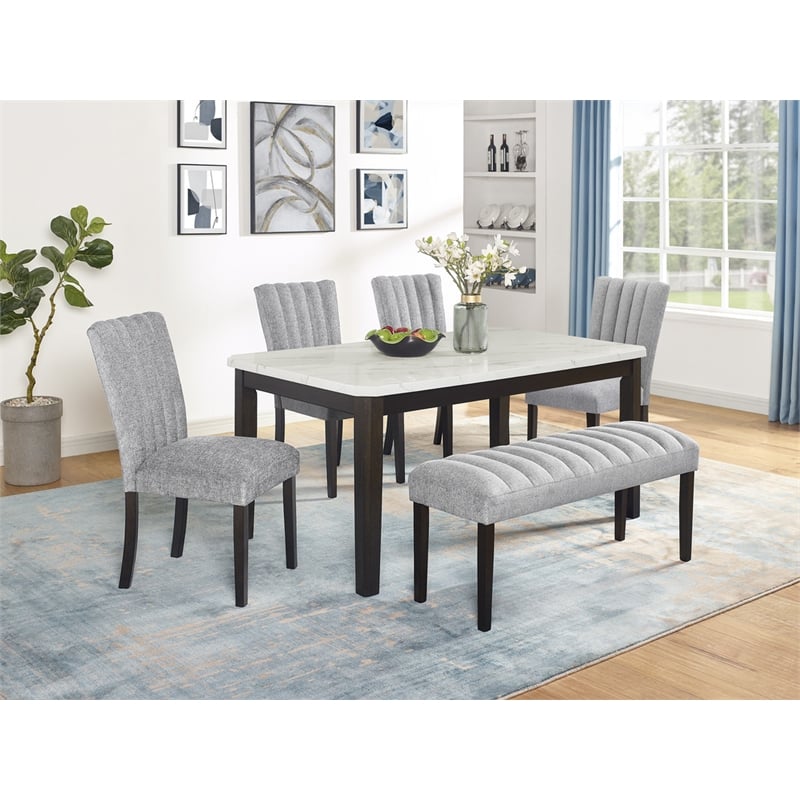Best Quality Furniture 6-Piece Faux Marble & Fabric Dining Set in White/Gray