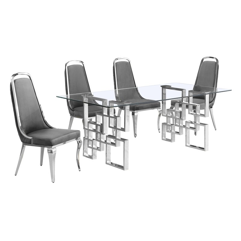 Best Quality Furniture 5pc Tempered Glass Dining Set w Dark Gray Velvet Chairs
