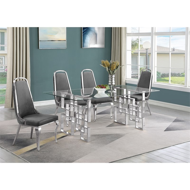 Best Quality Furniture 5pc Tempered Glass Dining Set w Dark Gray Velvet Chairs