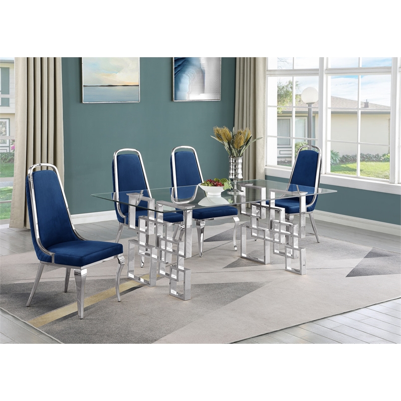 Best Quality Furniture 5pc Tempered Glass Dining Set w Navy Blue Velvet Chairs