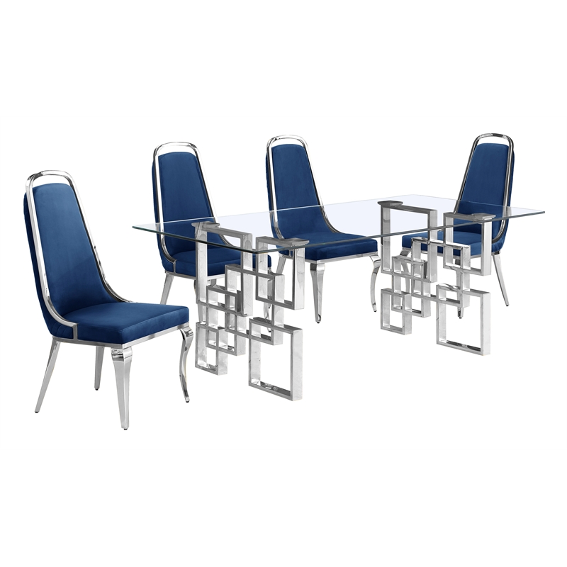 Best Quality Furniture 5pc Tempered Glass Dining Set w Navy Blue Velvet Chairs
