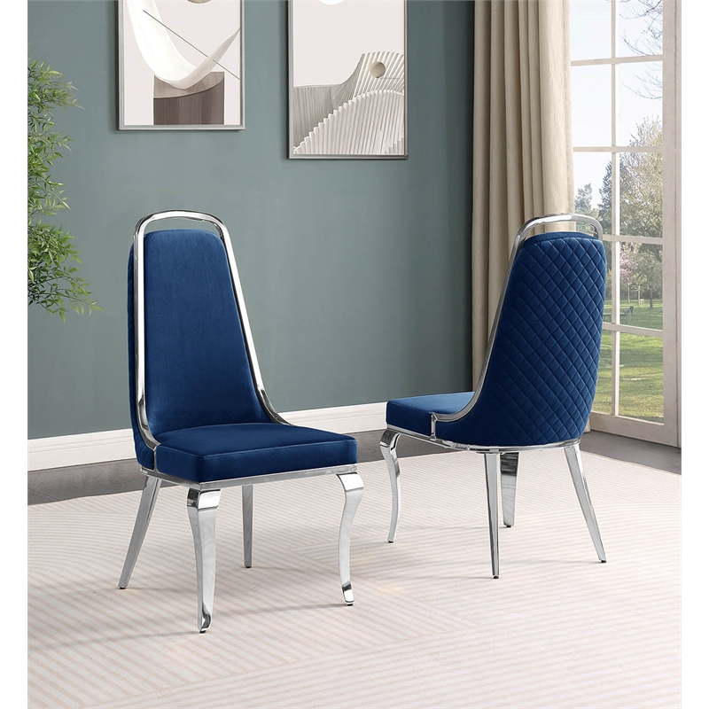 Best Quality Furniture 5pc Tempered Glass Dining Set w Navy Blue Velvet Chairs