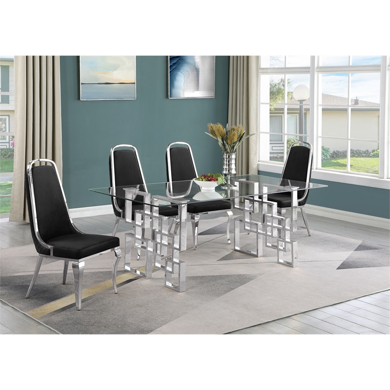 Best Quality Furniture 5pc Tempered Glass Dining Set w Black Velvet Chairs