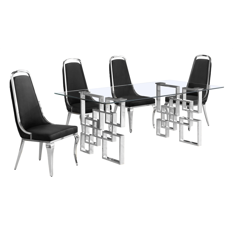 Best Quality Furniture 5pc Tempered Glass Dining Set w Black Velvet Chairs