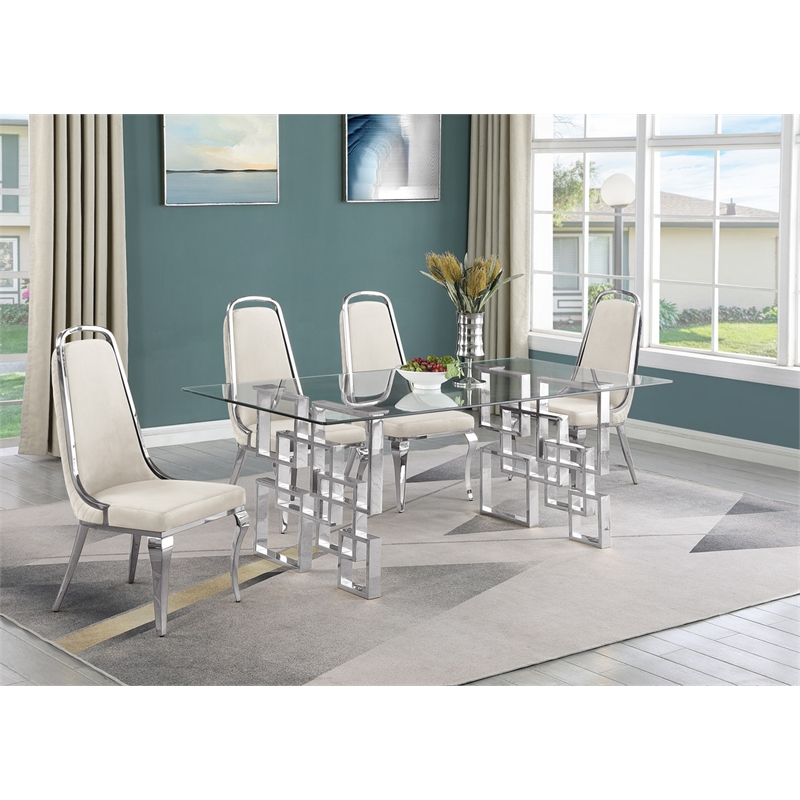 Best Quality Furniture 5pc Tempered Glass Dining Set w Cream Velvet Chairs