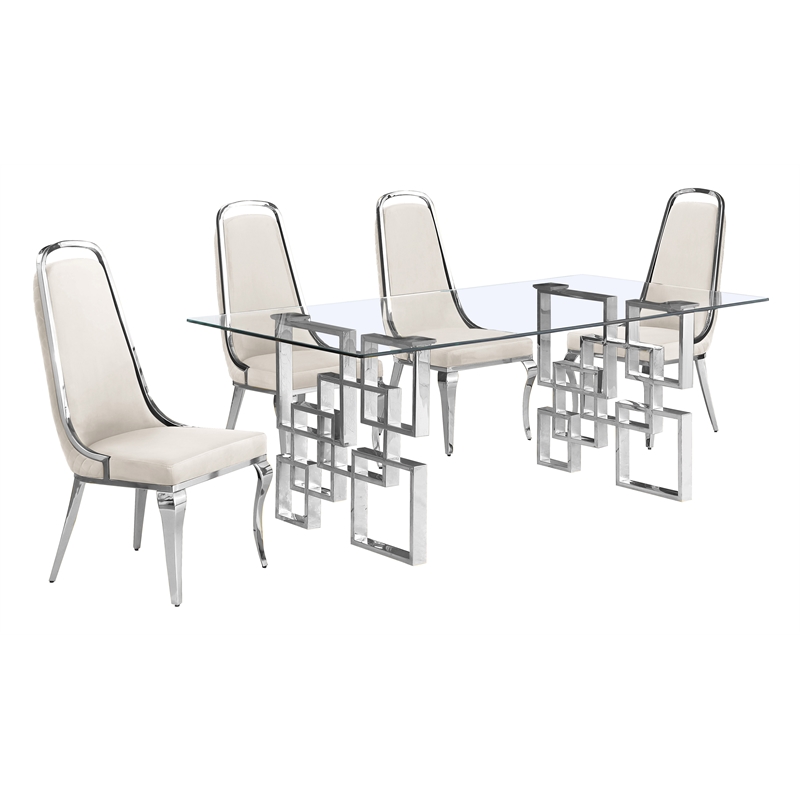 Best Quality Furniture 5pc Tempered Glass Dining Set w Cream Velvet Chairs