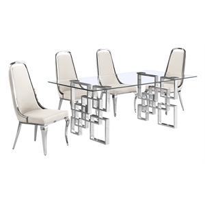 Best Quality Furniture 5pc Tempered Glass Dining Set w Cream Velvet Chairs