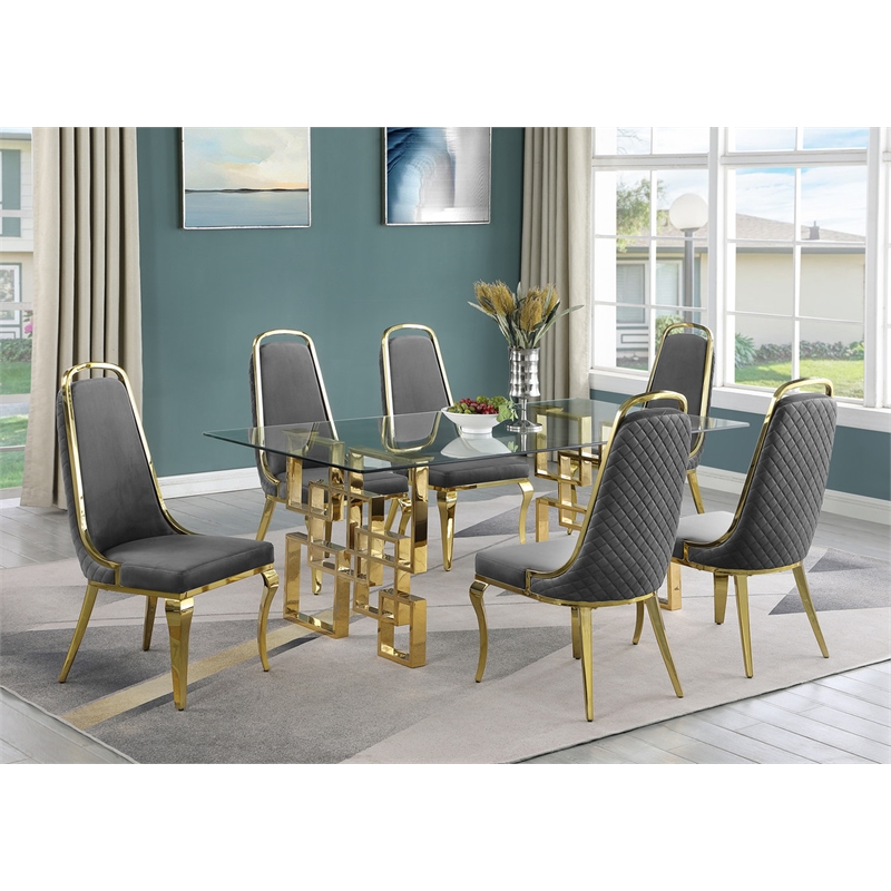 Best Quality Furniture 7pc Tempered Glass Dining Set w Dark Gray Velvet Chairs
