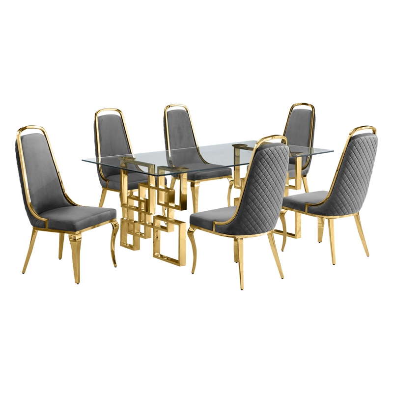Best Quality Furniture 7pc Tempered Glass Dining Set w Dark Gray Velvet Chairs
