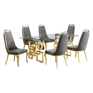 Best Quality Furniture 7pc Tempered Glass Dining Set w Dark Gray Velvet Chairs