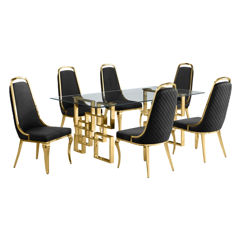 Best Quality Furniture 7pc Tempered Glass Dining Set w Black Velvet Chairs