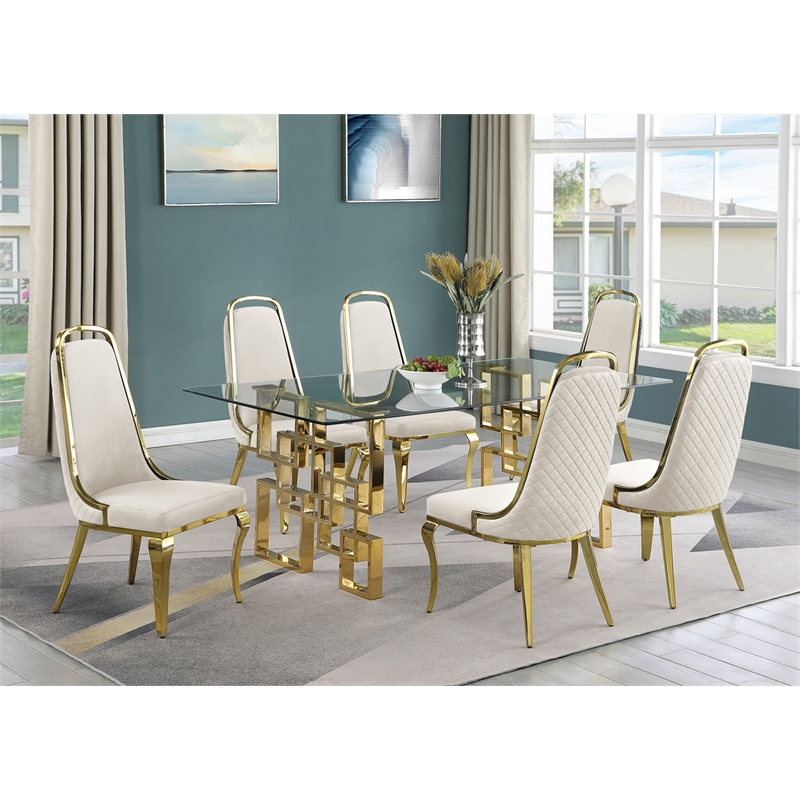 Best Quality Furniture 7pc Tempered Glass Dining Set w Cream Velvet Chairs