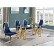Best Quality Furniture 5pc Tempered Glass Dining Set w Navy Blue Velvet Chairs