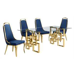 Best Quality Furniture 5pc Tempered Glass Dining Set w Navy Blue Velvet Chairs