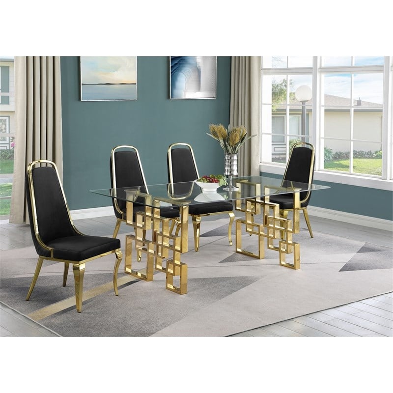 Best Quality Furniture 5pc Tempered Glass Dining Set w Black Velvet Chairs