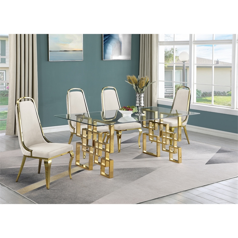Best Quality Furniture 5pc Tempered Glass Dining Set w Cream Velvet Chairs