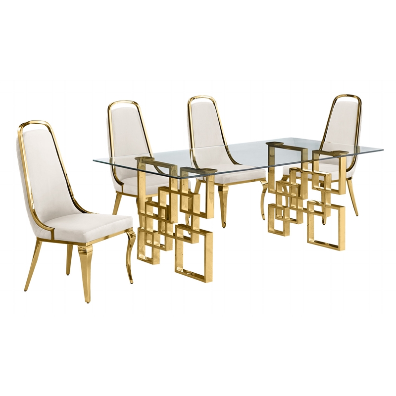 Best Quality Furniture 5pc Tempered Glass Dining Set w Cream Velvet Chairs