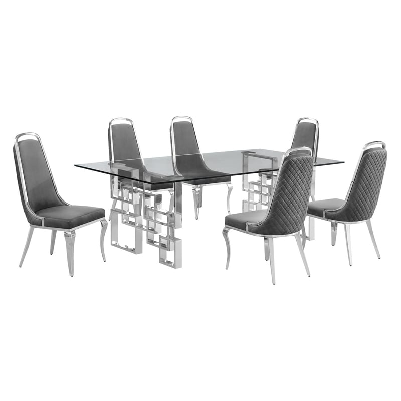 Best Quality Furniture 7pc Tempered Glass Dining Set w Dark Gray Velvet Chairs