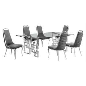 Best Quality Furniture 7pc Tempered Glass Dining Set w Dark Gray Velvet Chairs