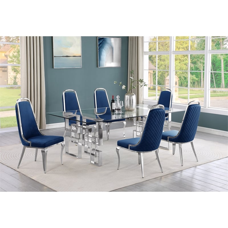 Best Quality Furniture 7pc Tempered Glass Dining Set w Navy Blue Velvet Chairs