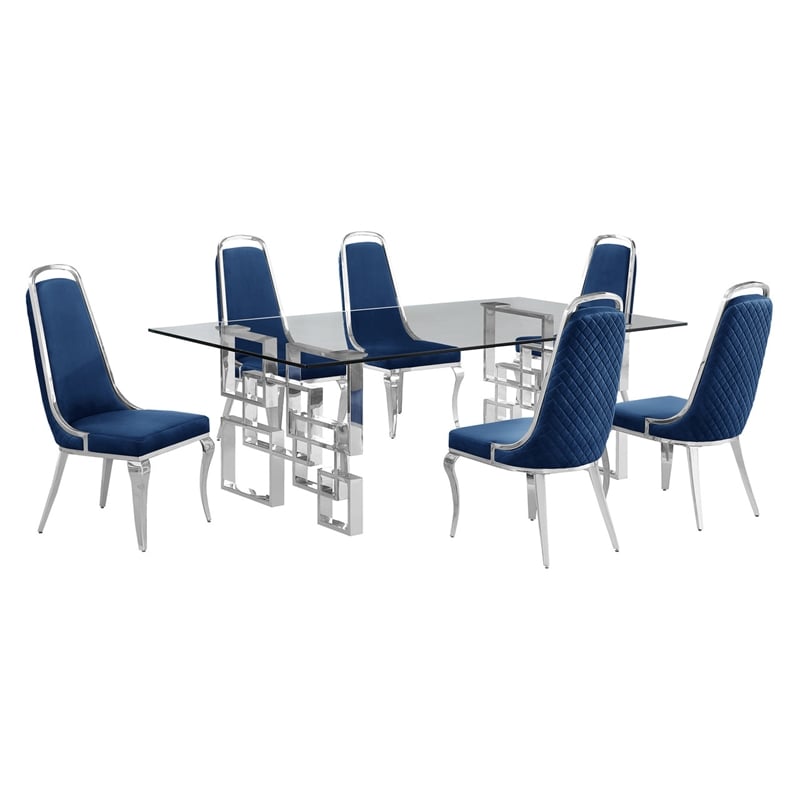 Best Quality Furniture 7pc Tempered Glass Dining Set w Navy Blue Velvet Chairs